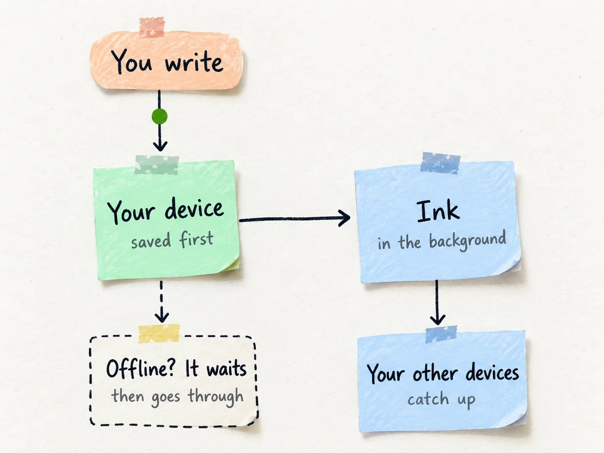 A hand-made diagram on sticky notes: You write, then Your device (saved first), then Ink (in the background), then Your other devices (catch up). A dashed note says: Offline? It waits, then goes through.