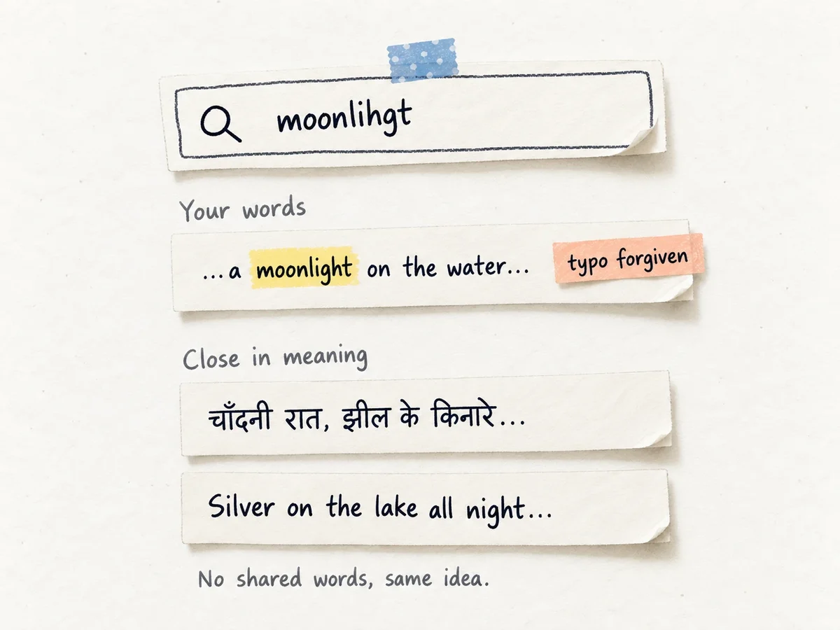 A hand-made diagram of search results: the typo moonlihgt still finds a piece with the word moonlight, tagged typo forgiven. Below, under Close in meaning, a Hindi line about a moonlit night and an English line about silver on a lake appear, with no shared words, same idea.